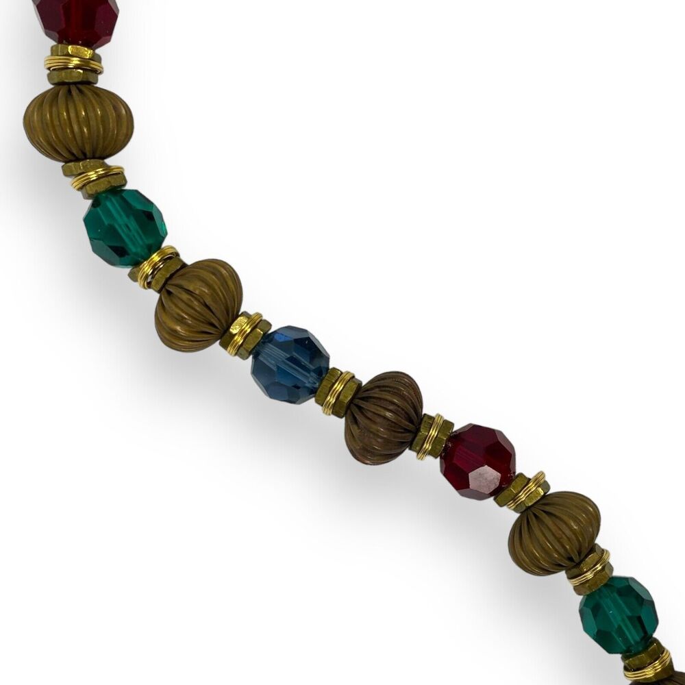 Vintage Beaded Necklace 44" Red‎ Goldtone Metal Acrylic Beads Bohemian A14Q